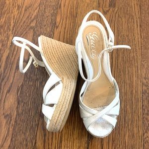 Gucci Wedges Microguccissima White Patent Leather Sandal Heels